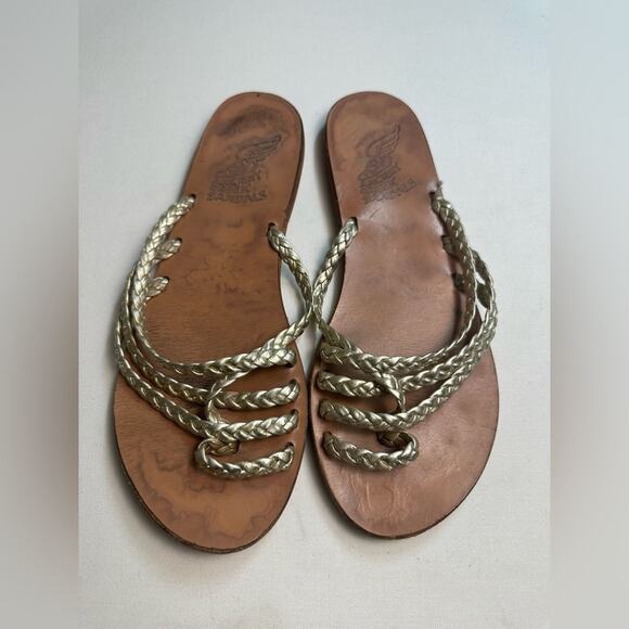 Ancient Greek Sandals Amalia Gold Silver Metallic Braided Straps Size 40/ US 8 - Picture 1 of 5